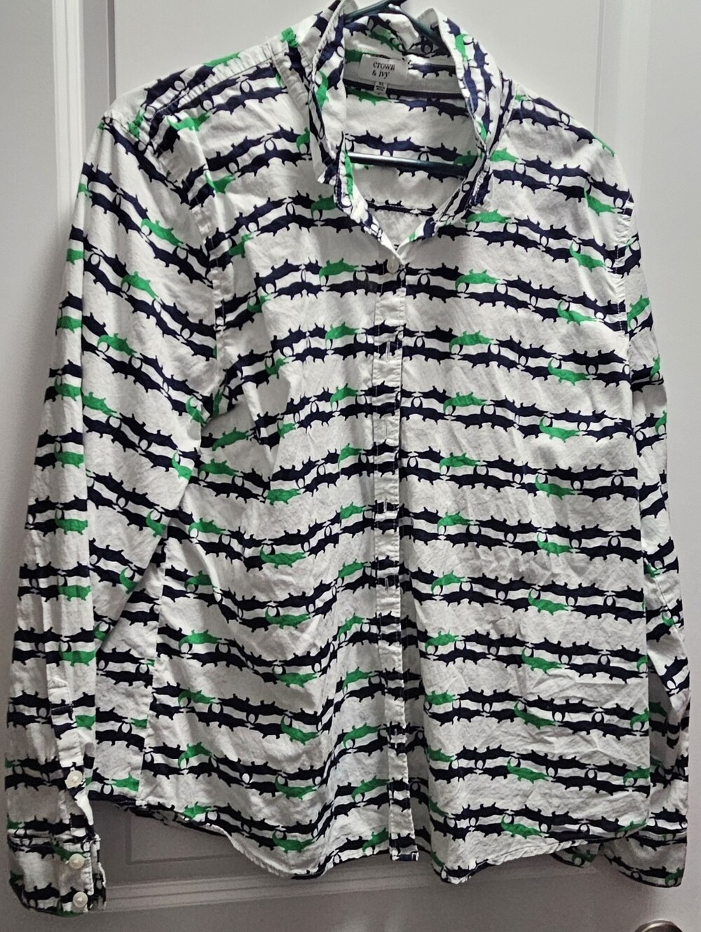 crown & ivy White Shirt with Navy and Bright Green Alligator Print